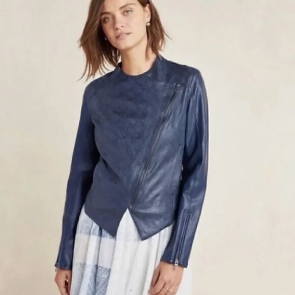 Anthropologie Blank NYC Faux Leather Navy Animal Print Jacket Size XS - Picture 2 of 12